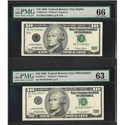 Lot of (2) 1999 $10 Federal Reserve Notes PMG Gem Unc. 66 & Choice Unc. 63