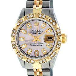 Rolex Ladies Two Tone 14K Pink Mother Of Pearl Pyramid Diamond Datejust