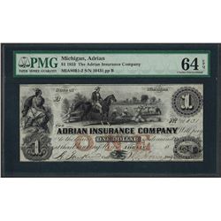 1853 $1 The Adrian Insurance Company Obsolete Note PMG Choice Uncirculated 64EPQ