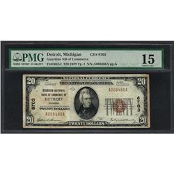 1929 $20 National Currency Note Detroit, Michigan CH# 8703 PMG Choice Fine 15