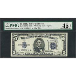 1934D $5 Silver Certificate STAR Note Wide Fr.1654wi* PMG Choice Extremely Fine