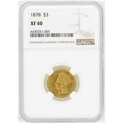 1878 $3 Indian Princess Head Gold Coin NGC XF40