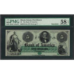 1800's $5 The Bank of America Obsolete Note PMG Choice About Uncirculated 58EPQ