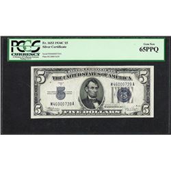 1934C $5 Silver Certificate Note Wide Fr.1653 PCGS Gem New 65PPQ