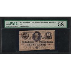 1864 50 Cents Confederate States of America Note PMG Choice About Uncirculated 5