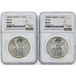 Set of 1983MO-1984MO Mexico 1 Onza Silver Libertad Coins NGC MS66