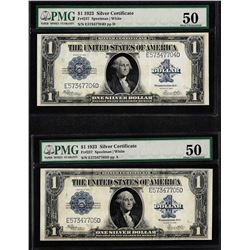 Lot of (2) Consecutive 1923 $1 Silver Certificate Notes Fr.237 PMG About Uncircu