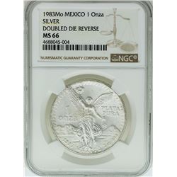 1983MO Mexico 1 Onza Silver Libertad Doubled Die Reverse Coin NGC MS66