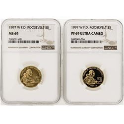 Lot of (2) 1997-W $5 F.D. Roosevelt Gold Coins NGC MS69 & PF69 Ultra Cameo