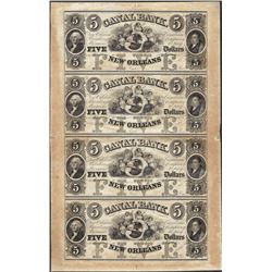 Uncut Sheet of 1800's $5 Canal Bank Obsolete Notes