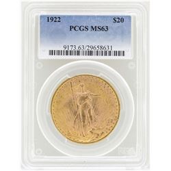 1922 $20 St. Gaudens Double Eagle Gold Coin PCGS MS63