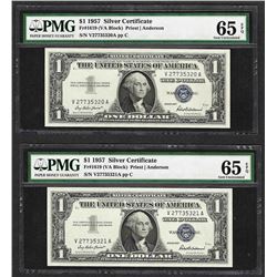 Lot of (2) Consecutive 1957 $1 Silver Certificate Notes PMG Gem Uncirculated 65E