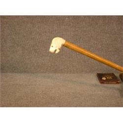 Une canne à poignée d'ivoire sculptée d'une tête de lion....