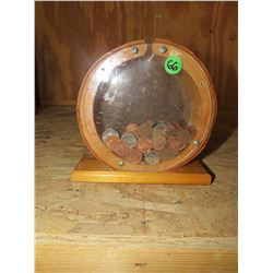 Log Carved Homemade Piggy Bank with Coins