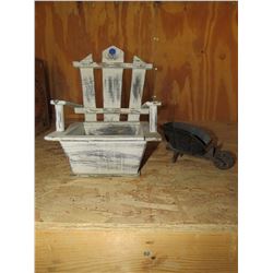 Cast Iron Wheel Barrow 6"x3" (broken) + Wooden Chair Planter 12"x8"