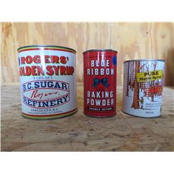 3 Tin Cans- Blue Ribbon,Pure Maple Syrup, and Roger's Golden Syrup