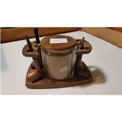 VINTAGE PIPE STAND WITH HUMIDOR AND 3 PIPES