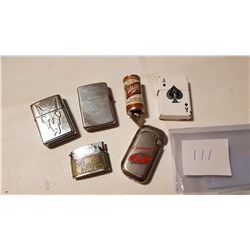 5 LIGHTERS, RARE PLAYER'S AND 2 ZIPPO'S PLUS SCHLITZ BOTTLE