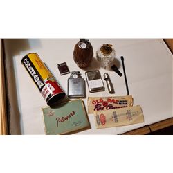 SMOKING RELATED ITEMS, LIGHTER, TINS, CIG HOLDERS, PIPES