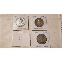 WAR TIME 3 HALF DOLLARS, WALKING LIBERTY, USA