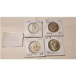 4 SILVER HALF DOLLARS, USA