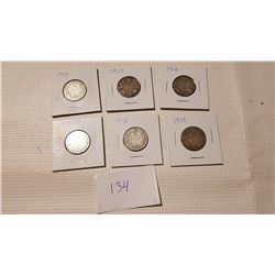 1910, 13,16,17,18,19 25 CENT COIN LOT