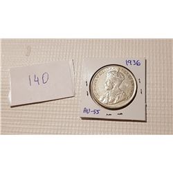 1936 CANADA SILVER DOLLAR COIN AU55
