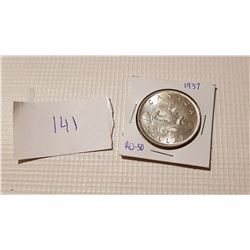 1937 CANADA SILVER DOLLAR COIN AU50
