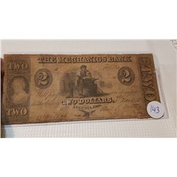 ORIGINAL 1858 $2 US MECHANICS BANK NOTE, GREAT CONDITION