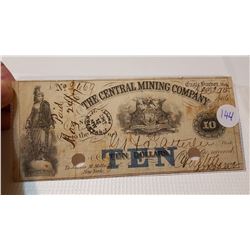 ORIGINAL 1866 $10 MINGIN CO. BANK NOTE, BEAUTY