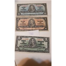 1937, ONE, TWO AND FIVE DOLLAR BILLS
