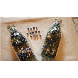 2 MILK JARS FULL OF MARBLE & ESSO MARBLES
