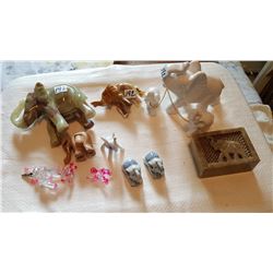LOT OF COLLECTIBLE ELEPHANTS, MARBLE, GLASS, CERAMIC, WOODEN. MARBLE ARE 5" & 3"