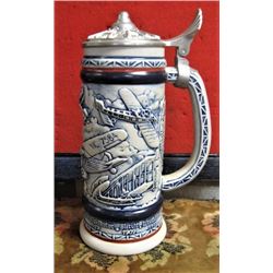 Beautiful Avon Beer Stein with airplane motif and aluminum cover Nicely hallmarked