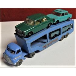 Lot of 3 Lesney Matchbox vintage diecast cars (1960's) and a Matchbox car hawler