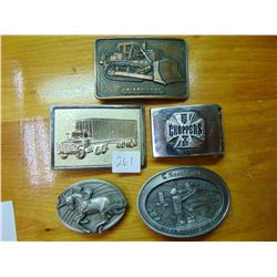 5 BELT BUCKLES: TRUCK, HARLEY DAVIDSON, UNICORN, CATERPILLER, ALLAN POTASH MINE