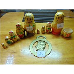 KING GEORGE HORSE BRASS AND STACKING DOLLS AS IS, AS SHOWN