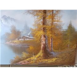 Large 24" by 48" Cabin in Woods print on Canvas. Signed.