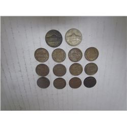 2 US NICKELS 1943 & 1956, 12 US PENNIES 1916-1959