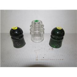 3 GLASS INSULATORS, 1 CLEAR, 2 GREEN