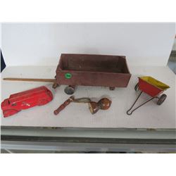 ANTIQUE TOY WOODEN WAGON (MISSING WHEEL), TIN TOY TRUCK (ORIGINAL, MISSING WHEEL), TIN TOY WAGON
