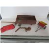 Image 1 : ANTIQUE TOY WOODEN WAGON (MISSING WHEEL), TIN TOY TRUCK (ORIGINAL, MISSING WHEEL), TIN TOY WAGON
