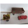 Image 2 : ANTIQUE TOY WOODEN WAGON (MISSING WHEEL), TIN TOY TRUCK (ORIGINAL, MISSING WHEEL), TIN TOY WAGON