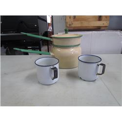 ENAMEL WARE DOUBLE BOILER AND 2 CUPS