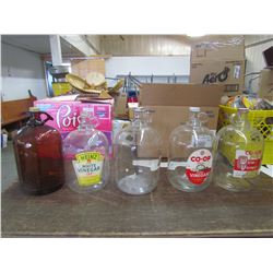 3 160 OZ GLASS JUGS, BROWN GLASS JAVEX JUG, 128 OZ. HEINZ VINEGAR JUG