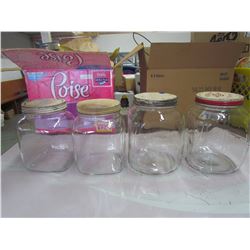 4 VINTAGE GLASS JARS, ONE IS RED DIAMOND HERRING