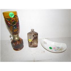 STAIN GLASS OIL LAMP, BOTTLE, DISH
