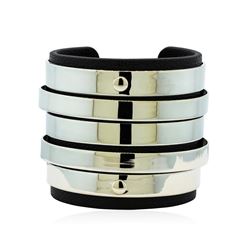 Multi Bangle Design Cuff Bracelet - Metal and Leather