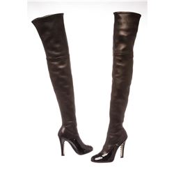 Chanel Black Leather Thigh-High Pearl Heel Boots Heels 38.5