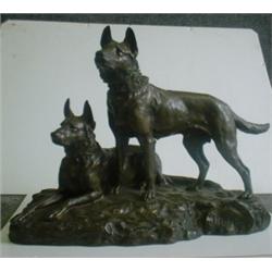 JOIRE, Jean, 1862-1950.  "Deux chiens Alsaciens".  Bronze patiné, signé.  Marque du fondeur Susse...